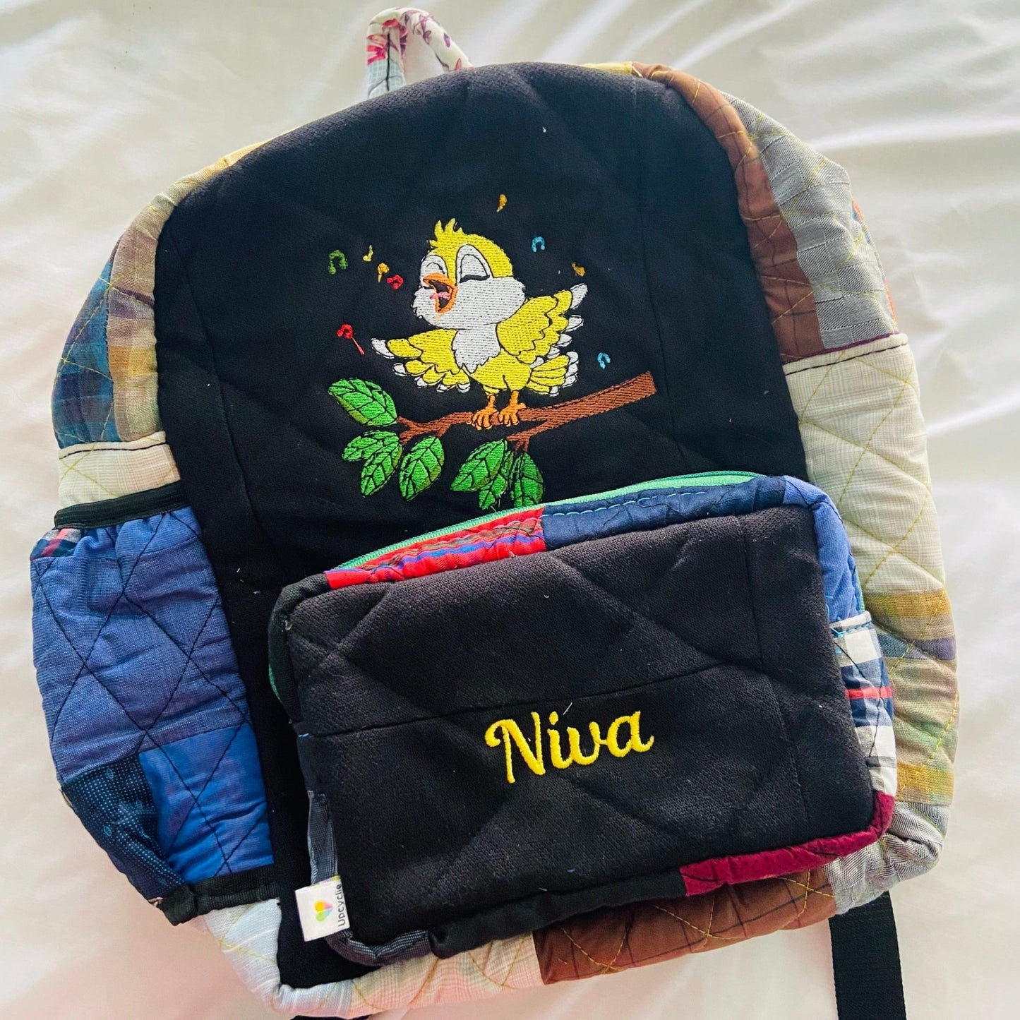 Customised Backpack for Kids - Baby Penguin kids backpack - Upcyclie made by women, patchwork quilted