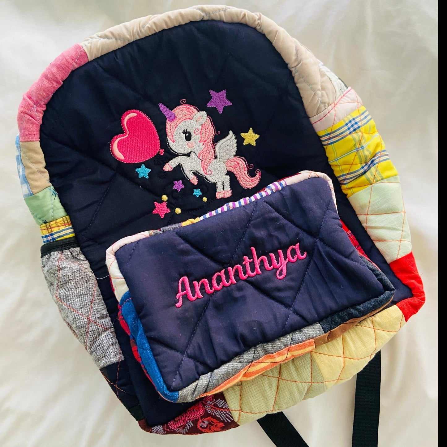 Customised Backpack for Kids - Baby Penguin kids backpack - Upcyclie made by women, patchwork quilted