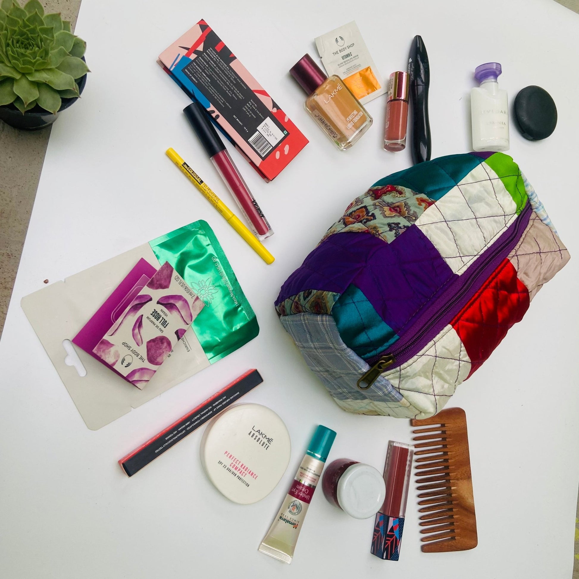 Eco - Friendly Essentials Pouch - For Storage and Travel - Large POUCH - Upcyclie made by women, patchwork quilted