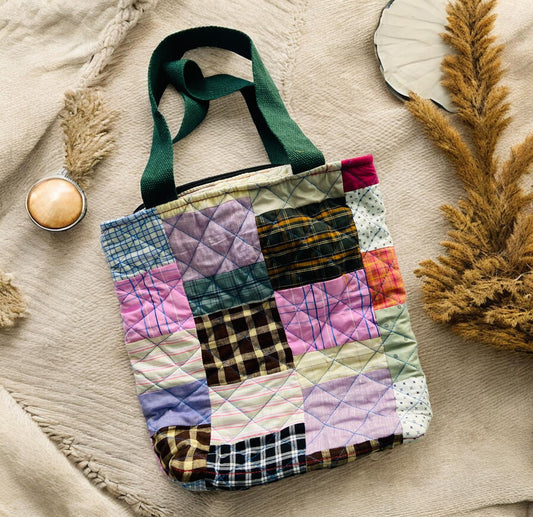 Handmade Patchwork Quilted Tote Bag: Upcycled Market Bag