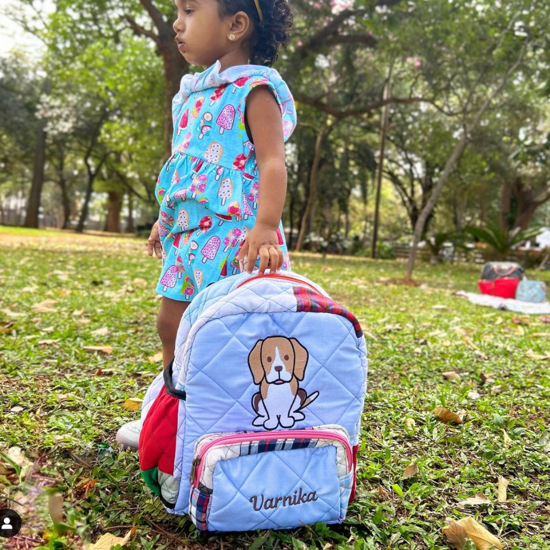 Personalised Kids Backpack with Name and Image for School Birthday Return Gifts - Upcyclie made by women, patchwork quilted