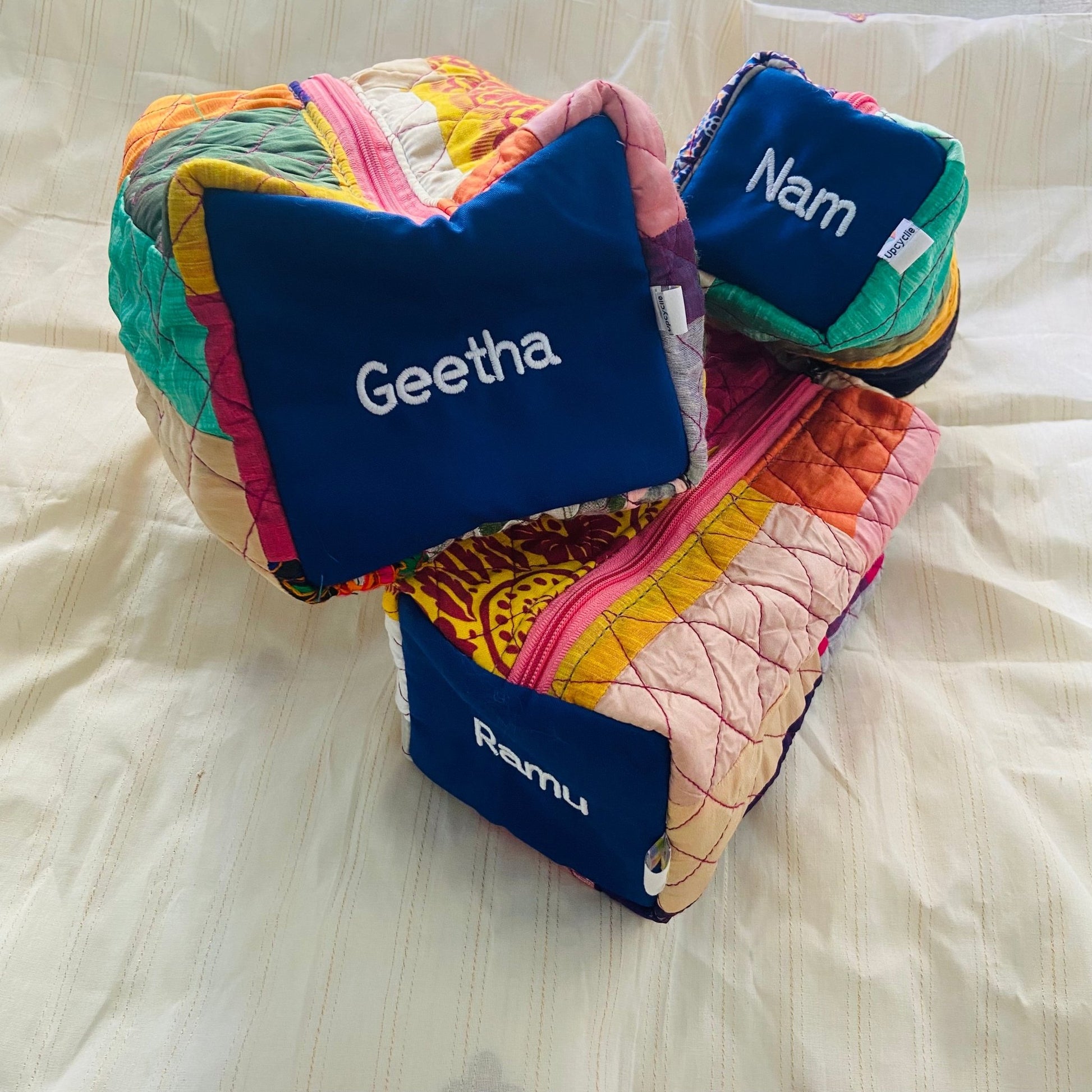 Personalized travel pouch with Name POUCH - Upcyclie made by women, patchwork quilted
