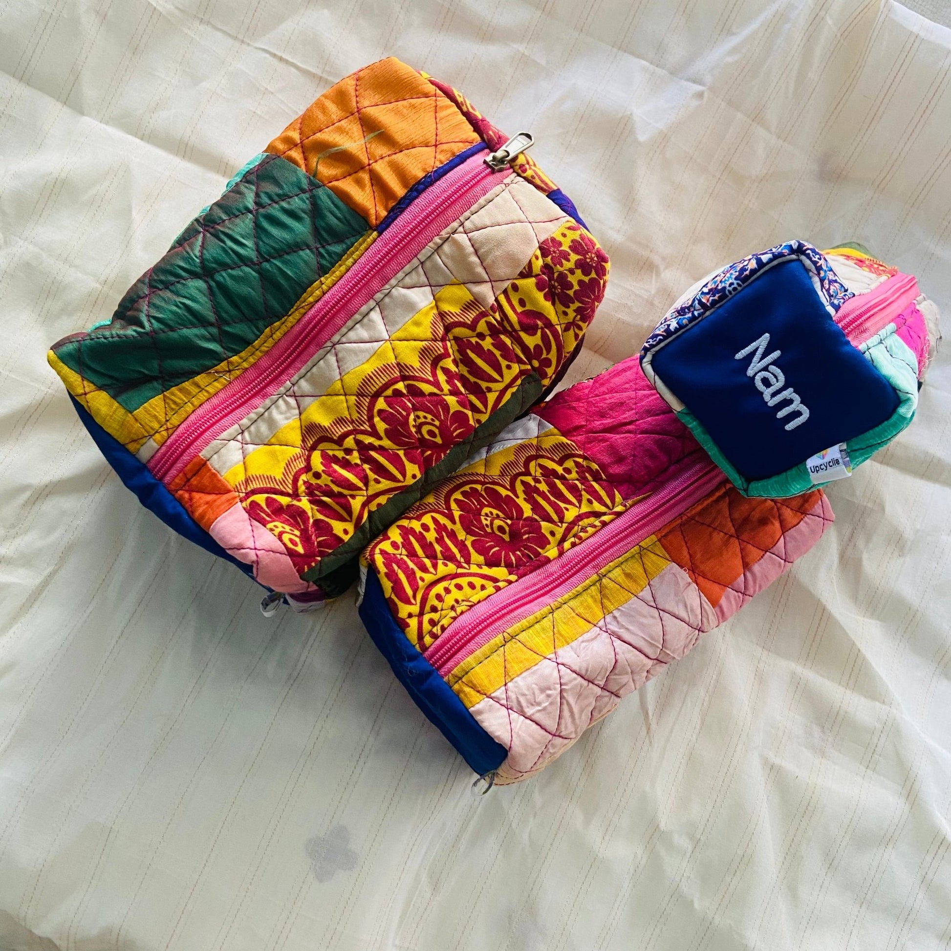 Personalized travel pouch with Name POUCH - Upcyclie made by women, patchwork quilted