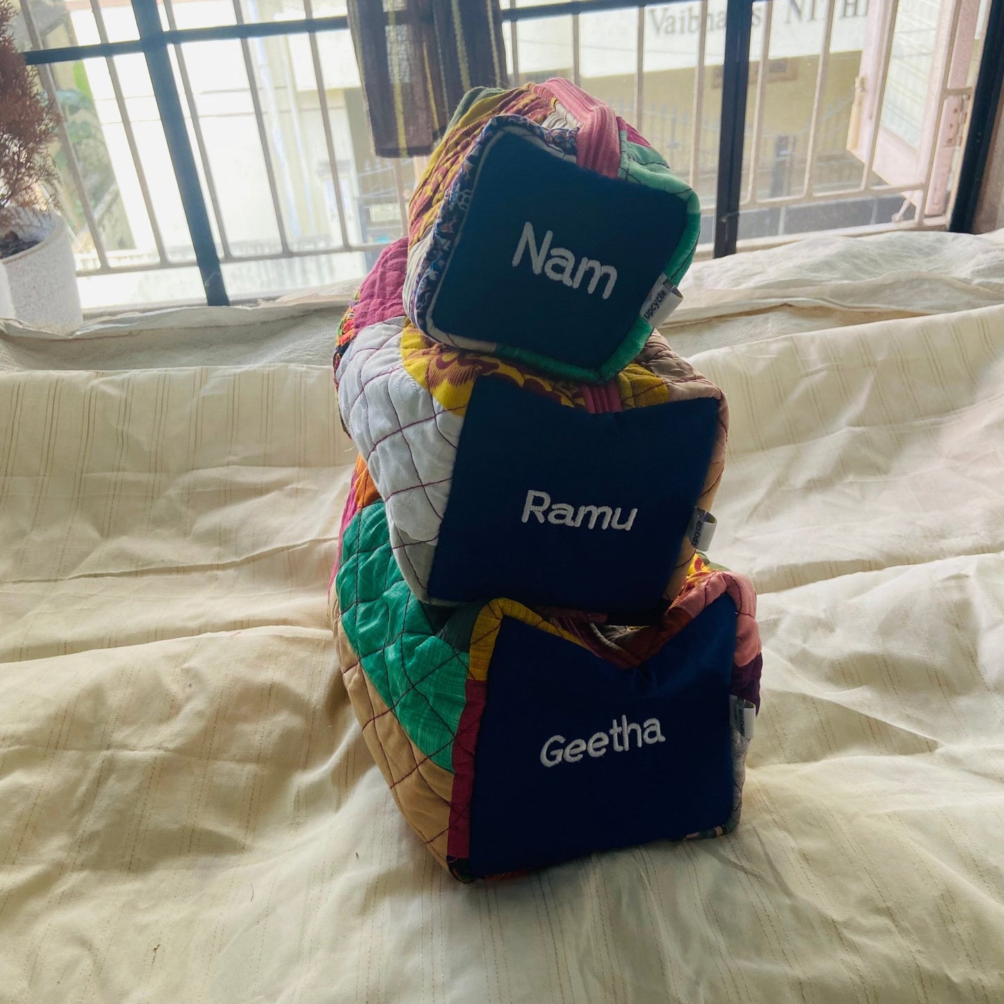 Personalized travel pouch with Name POUCH - Upcyclie made by women, patchwork quilted