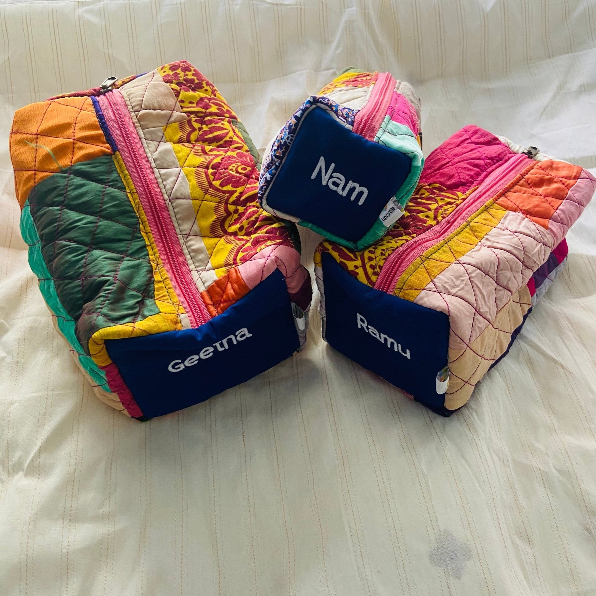 Personalized travel pouch with Name POUCH - Upcyclie made by women, patchwork quilted