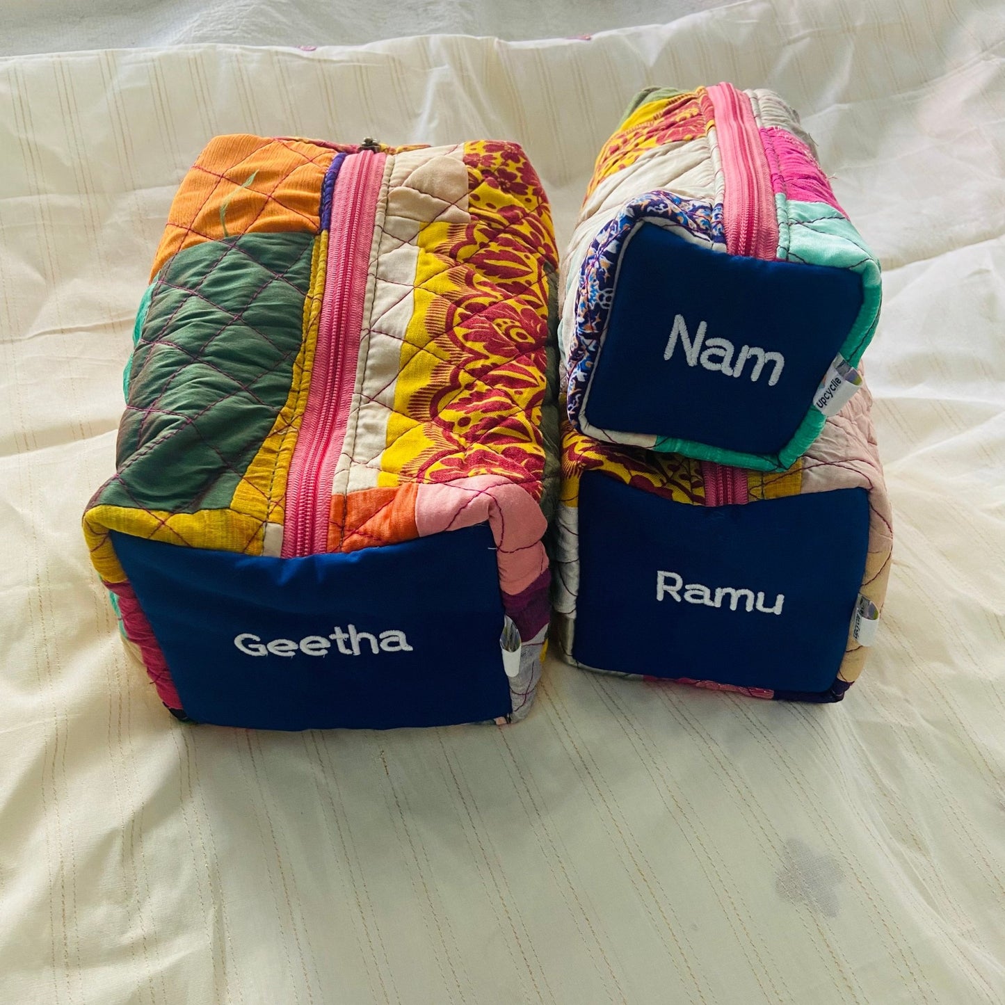 Personalized travel pouch with Name POUCH - Upcyclie made by women, patchwork quilted