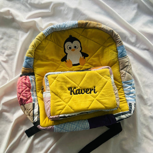 Customised Backpack for Kids - Baby Penguin kids backpack - Upcyclie made by women, patchwork quilted