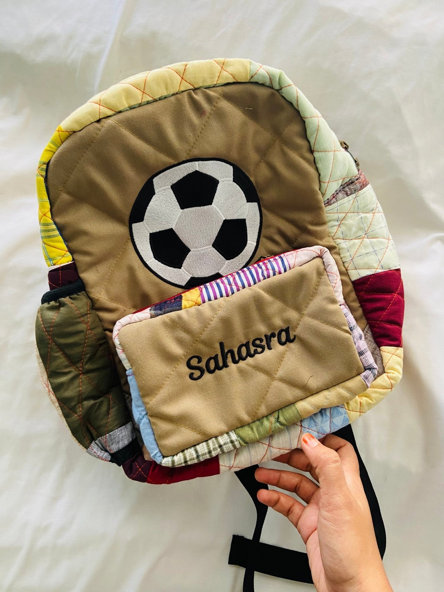 Customised Backpack for Kids - Football Kids Bag - Upcyclie made by women, patchwork quilted