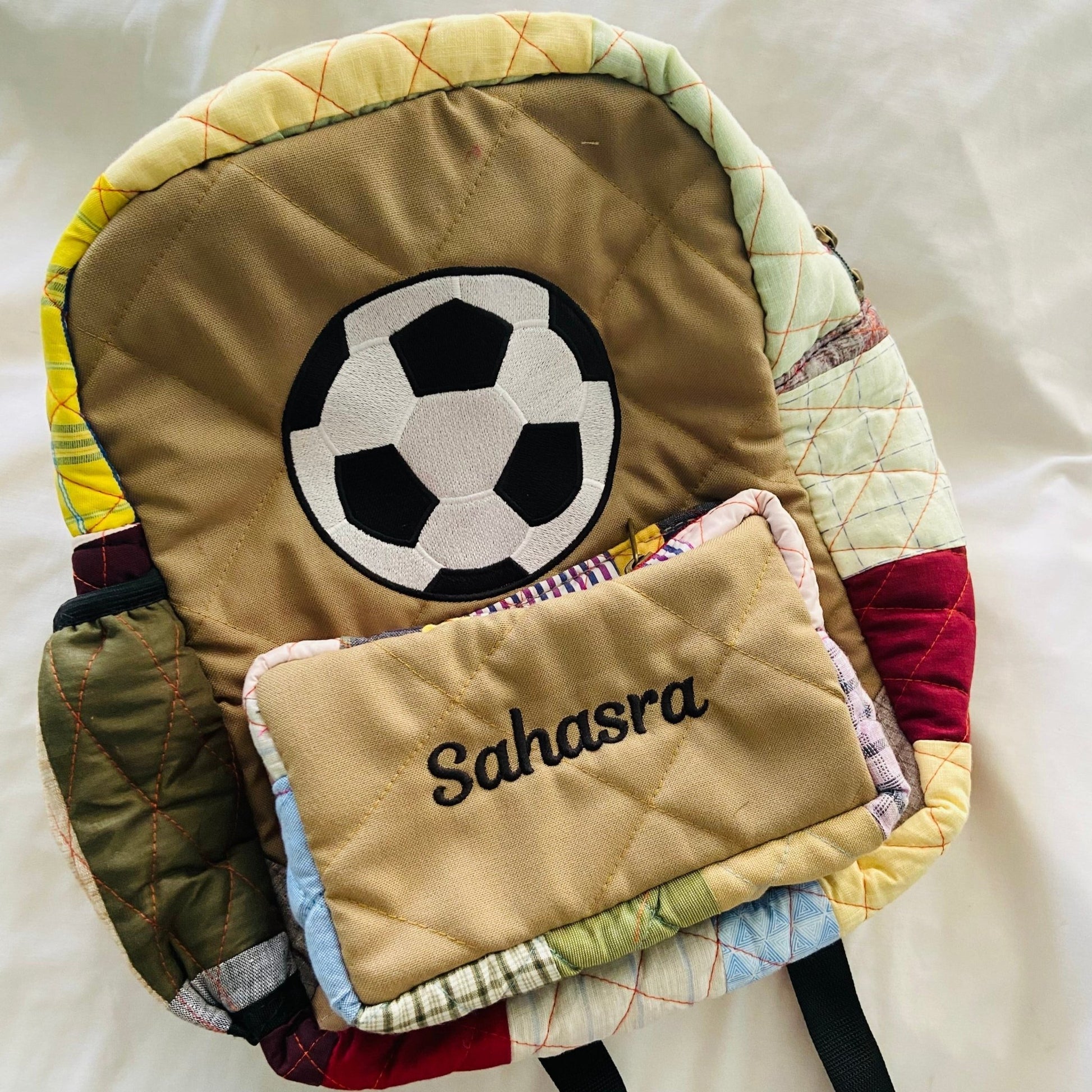 Customised Backpack for Kids - Football Kids Bag - Upcyclie made by women, patchwork quilted