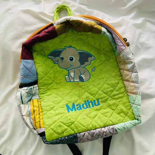 Customised Backpack for Kids - Sitting Baby Elephant kids backpack - Upcyclie made by women, patchwork quilted