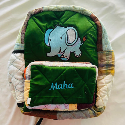 Customised Backpack for Kids - Sitting Baby Elephant kids backpack - Upcyclie made by women, patchwork quilted