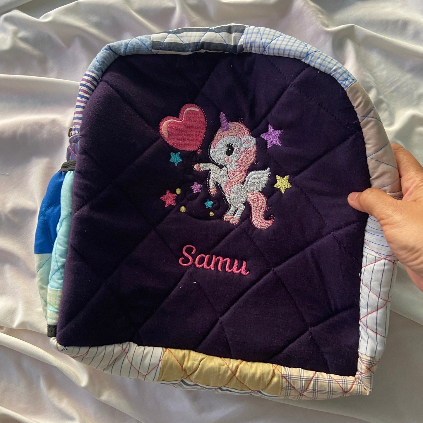 Customised Backpack for Kids - Unicorn kids backpack - Upcyclie made by women, patchwork quilted