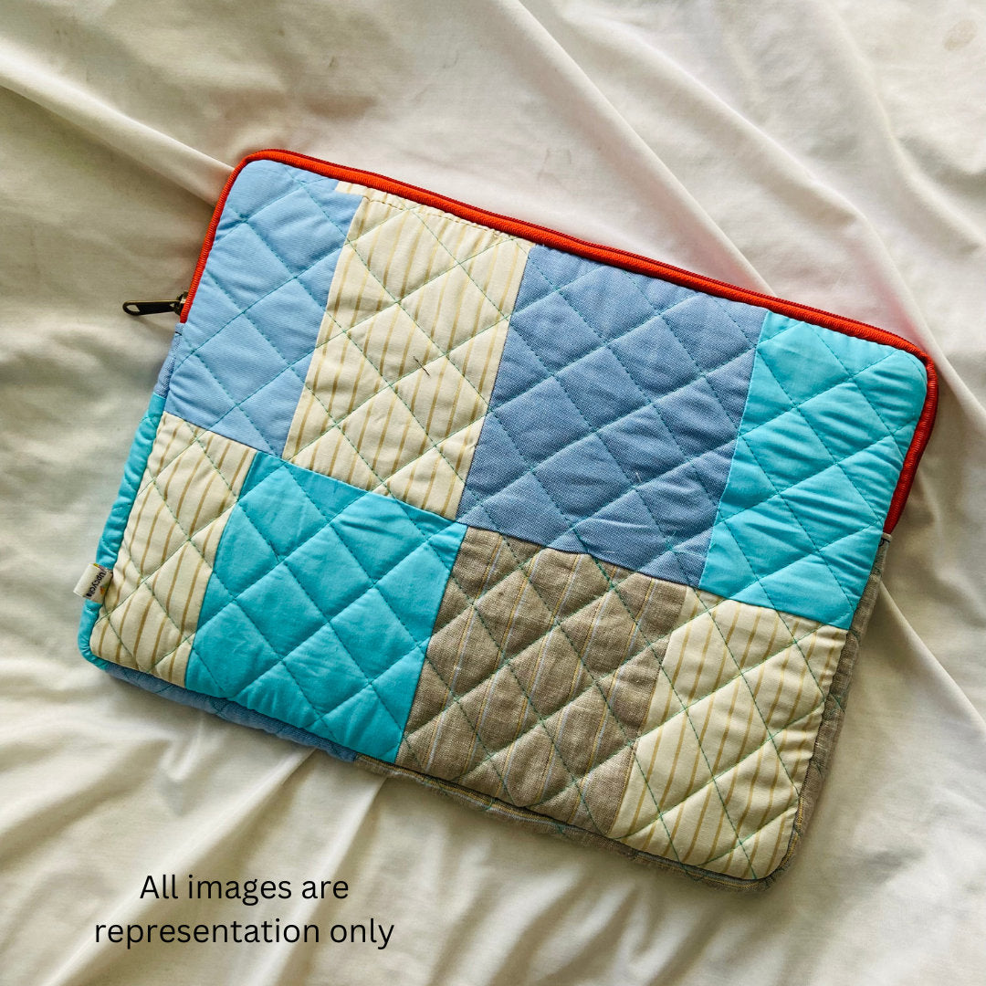 laptop cover, case cover for macbook air, cover for hp laptop, laptop sleeves all sizes, cute laptop sleeves, quilted laptop cover, puffy laptop sleeve, laptop sleeve 13 inch macbook air, laptop sleeve, laptop sleeve custom size, laptop cover 15 inch, An eco-friendly laptop sleeve showcasing a mix of vibrant, multicolor solid patchwork fabric pieces, creating a bold and eye-catching design. The quilted, puffy construction ensures your laptop is well-protected.