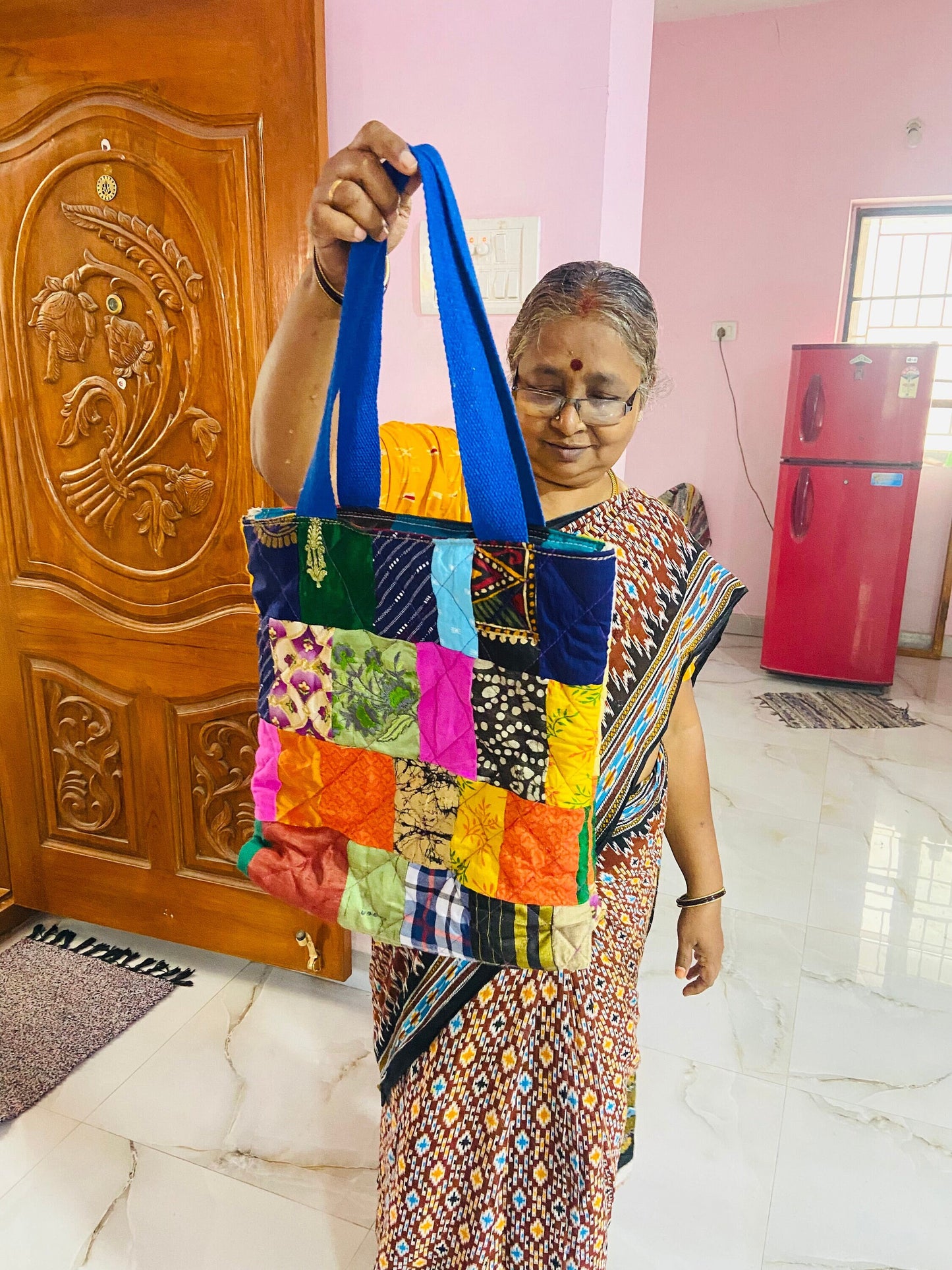 Handmade Patchwork Quilted Tote Bag: Upcycled Market Bag