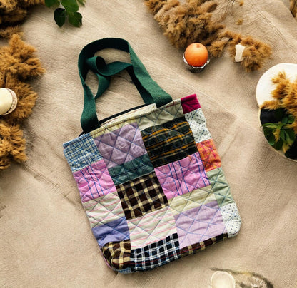 Handmade Patchwork Quilted Tote Bag: Upcycled Market Bag