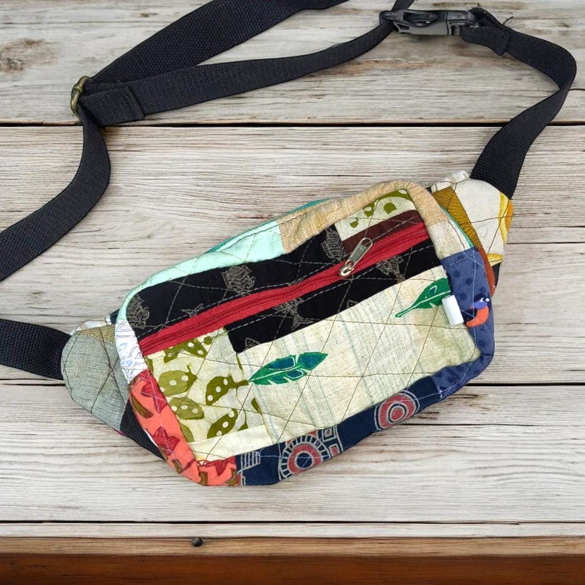 Boho Patchwork Fanny Pack | Handmade Colorful Belt Bag | Quilted Bum Bag with Zipper Pockets | Sustainable Crossbody Sling | Unisex