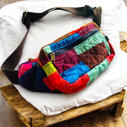 Boho Patchwork Fanny Pack | Handmade Colorful Belt Bag | Quilted Bum Bag with Zipper Pockets | Sustainable Crossbody Sling | Unisex