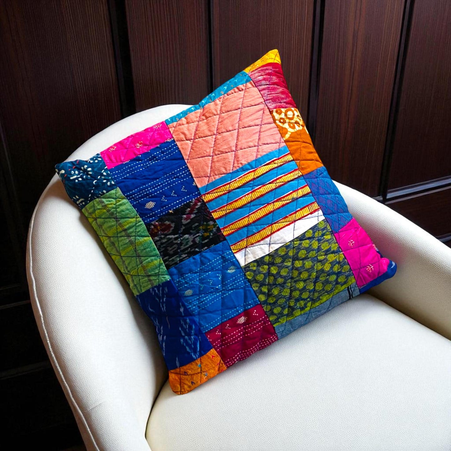 Handmade Quilted Patchwork Cushion Cover: Boho Throw Pillow Case