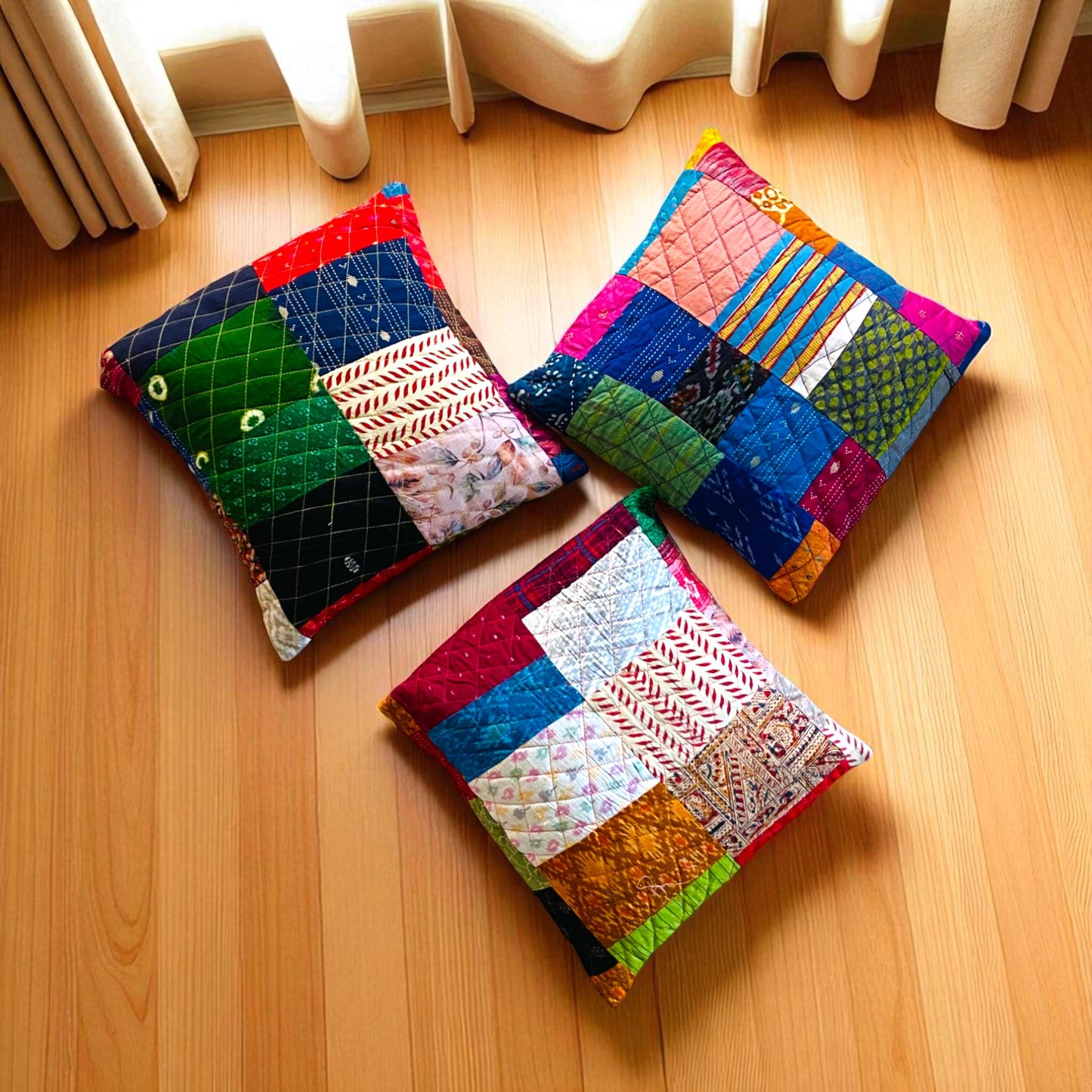 Handmade Quilted Patchwork Cushion Cover: Boho Throw Pillow Case