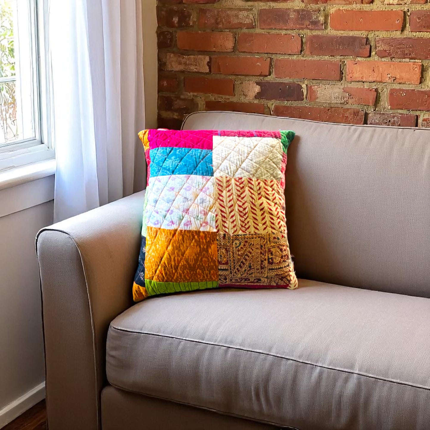 Handmade Quilted Patchwork Cushion Cover: Boho Throw Pillow Case