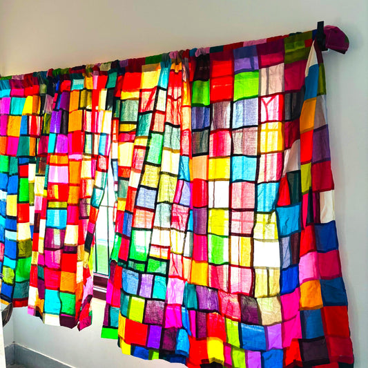 Handmade Patchwork Window Valance, Colorful Stained Glass Mosaic Curtain - Vibrant Rainbow Kitchen Cafe - Bohemian Home Decor - Custom Size