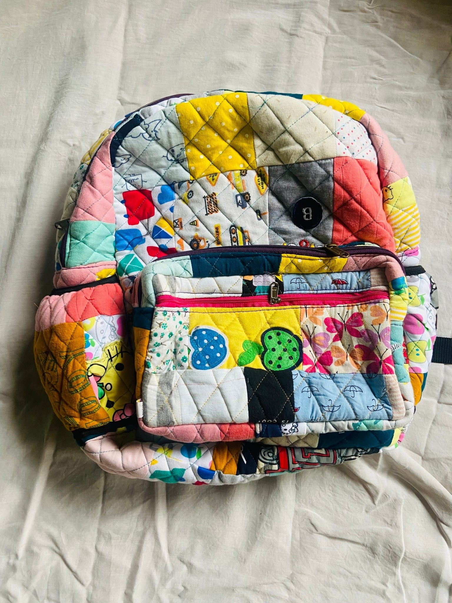 Memory Backpack with Name - Made from Precious Kids Clothes Baby Memories - Upcyclie made by women, patchwork quilted