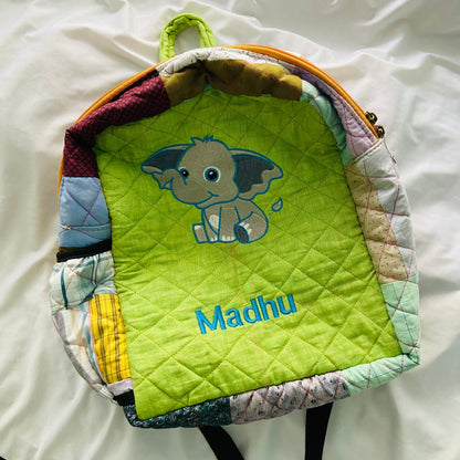 Personalised Kids Backpack with Name and Image for School Birthday Return Gifts - Upcyclie made by women, patchwork quilted