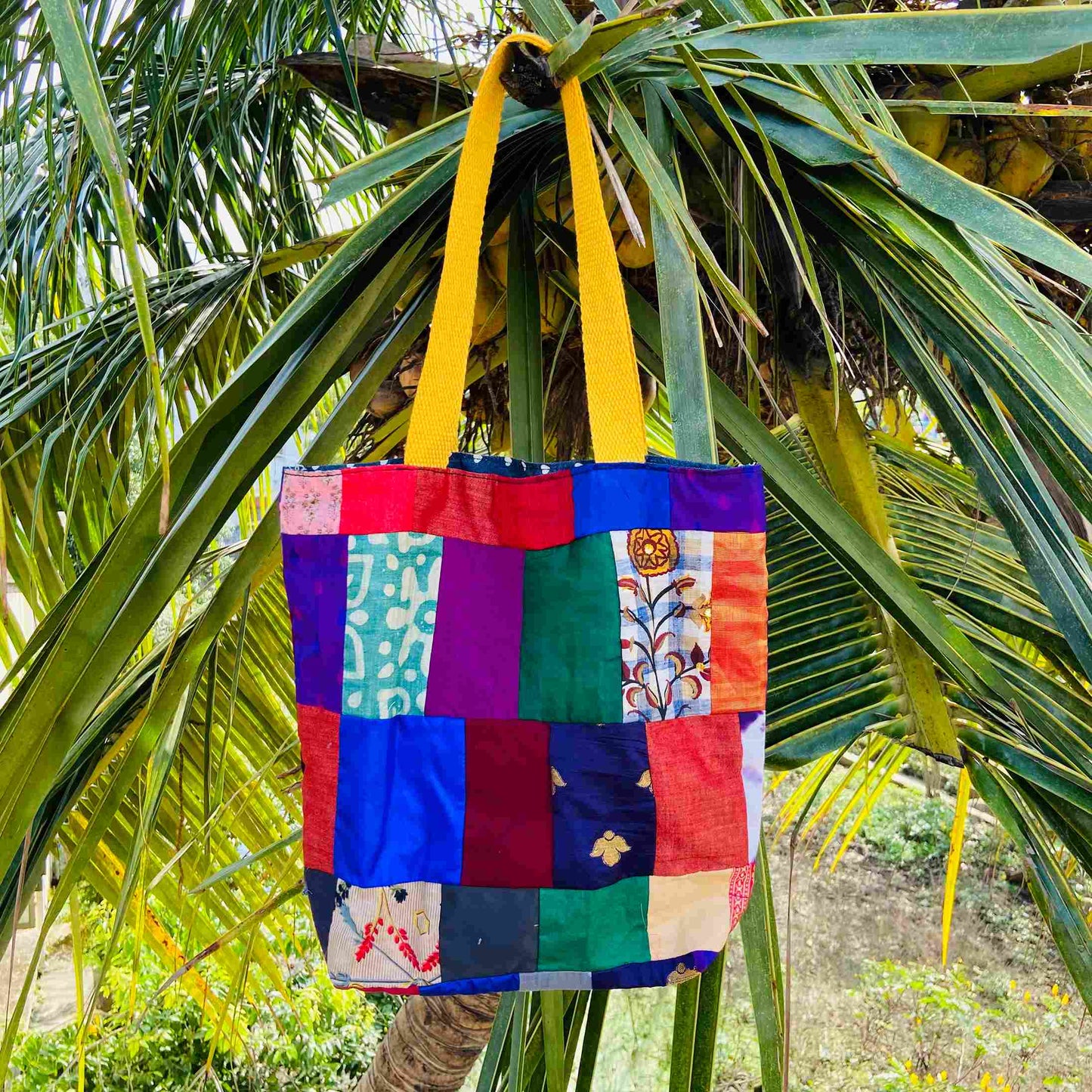 Sustainable Bags- Jolly Tote Bags made with patchwork Fabric blocks